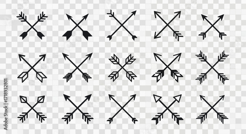 A collection of various crossed arrow designs in black silhouette and outline styles, suitable for graphic resources and decorative elements.