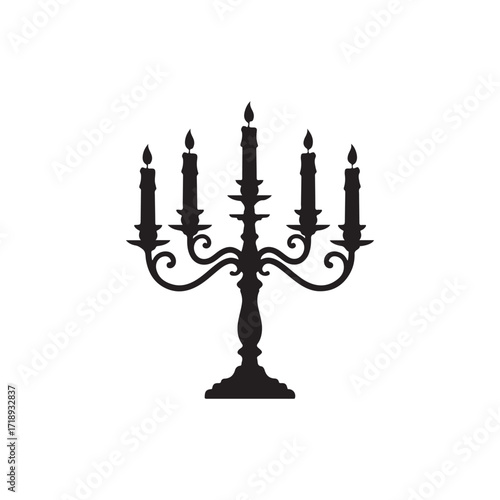 Silhouette of Five Candle Candelabra. Vector Illustration. The design features a classic candlestick holder with symmetrical arms and stylized flames on each candle.
