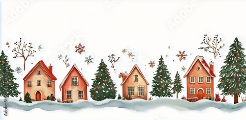 Cozy Winter Village With Snow-Covered Houses and Festive Trees in a Serene La...