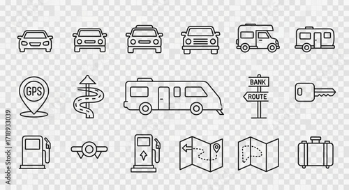 Line art icons depicting road trip essentials including cars, camper vans, navigation maps, GPS, fuel pumps, and road signs.