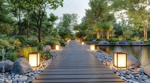 Tranquil Garden Pathway With Lanterns Beside a Serene Pond at Dusk