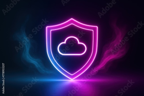 Glowing neon shield emblem with cloud icon for digital security and data protection