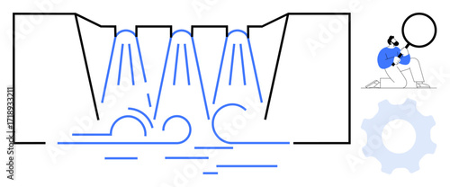 Dam structure releasing water through turbines, engineer analyzing process, gear element representation. Ideal for energy production, hydroelectricity, engineering, sustainability, innovation, green