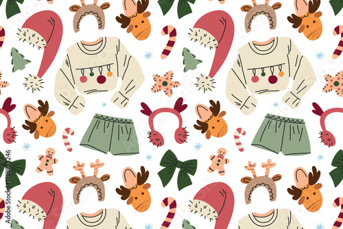 Seamless Christmas pattern with cozy holiday clothing and accessories. Flat cartoon vector illustration of Santa hat, reindeer headband, pajamas with ornaments, slippers, candy cane
