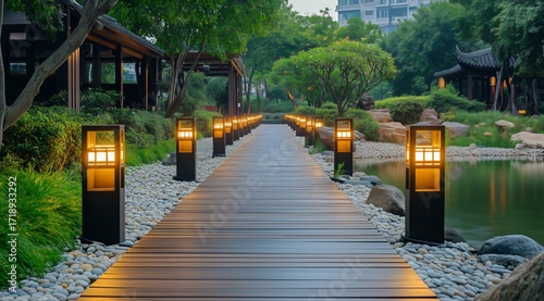 Tranquil Garden Pathway With Lanterns Beside a Serene Pond at Dusk.