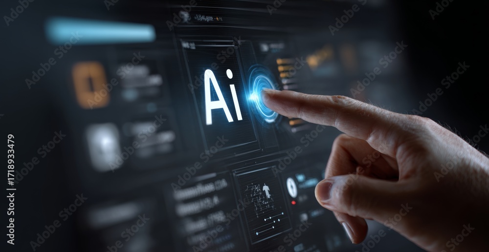 Fototapeta premium AI and technology concept with hand touching icon on dark blue background, representing innovation and digital advancement