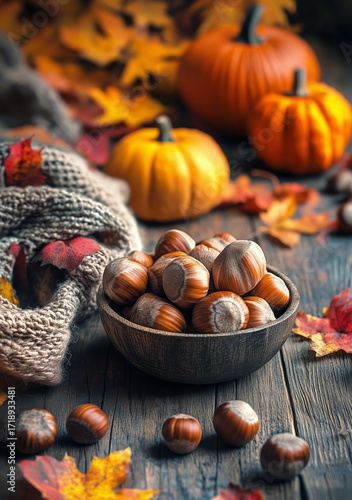 Warm Autumn Scene With Hazelnuts, Pumpkins, and Cozy Textures on a Wooden Table.