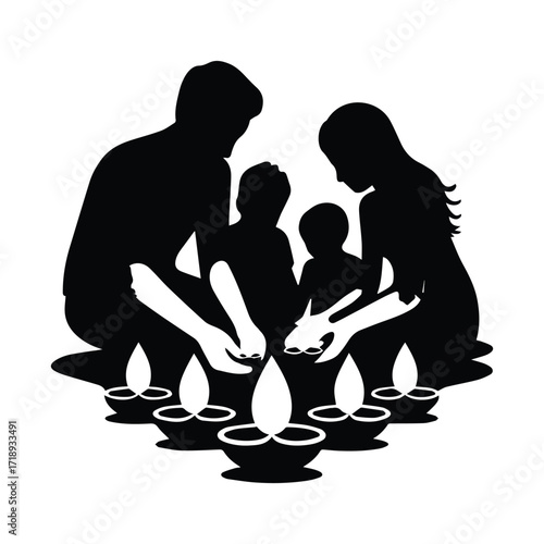 Family Celebrating Diwali with Diyas in Silhouette Graphic Illustration and Festive Background