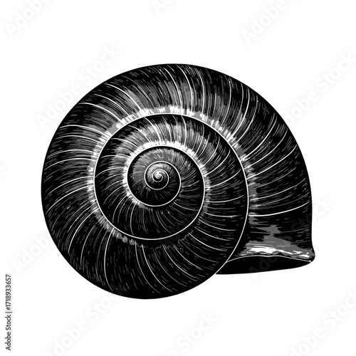 Snail shell with spiral fractal pattern, black and white vector illustration, minimal abstract natural geometry design
