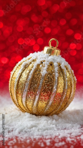 Bright Golden Ornament Resting on a Bed of Snow Against a Sparkling Red Backg...