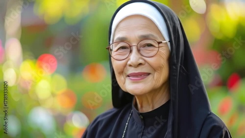 Close-up portrait of an elderly Asian nun wearing glasses, smiling gently, and looking at the camera.