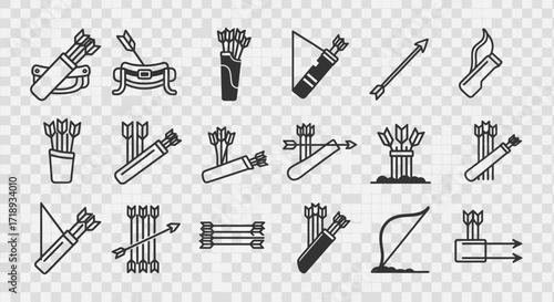 A collection of various archery-related icons, including quivers, bows, and arrows, presented in a flat design style.