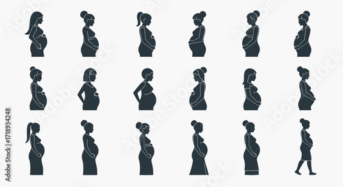 A collection of twenty-one silhouette illustrations depicting pregnant women in various stages, hairstyles, and poses, standing in profile.