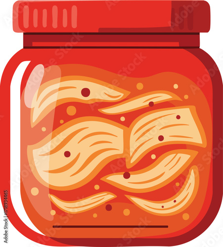 A vibrant illustration of a red jar filled with spicy fermented kimchi, showcasing its traditional Korean culinary appeal.