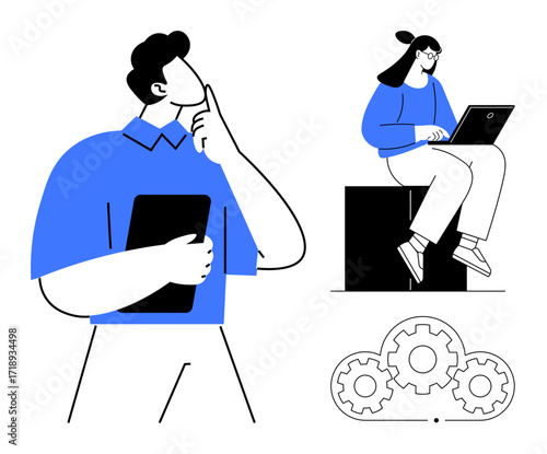 Man thinking with tablet, woman working on laptop, interconnected cloud gears. Ideal for teamwork, collaboration, technology, brainstorming, remote work cloud computing productivity. Simple flat