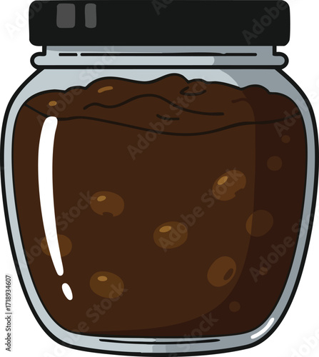 A glass jar filled with dark brown, chunky jam or preserves.