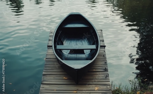 Quiet Boat Resting on Wooden Dock Beside Calm Water at Twilight
