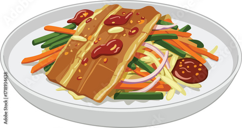A delicious Asian dish of grilled pork belly served over a bed of fresh vegetables like carrots and green beans, topped with a spicy red sauce.
