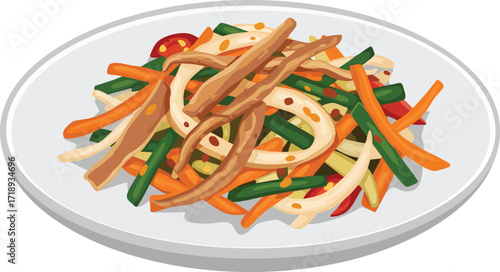 A plate of colorful stir-fried vegetables with long strips of protein, possibly mushrooms or tofu, and a savory sauce, presented on a white oval plate.