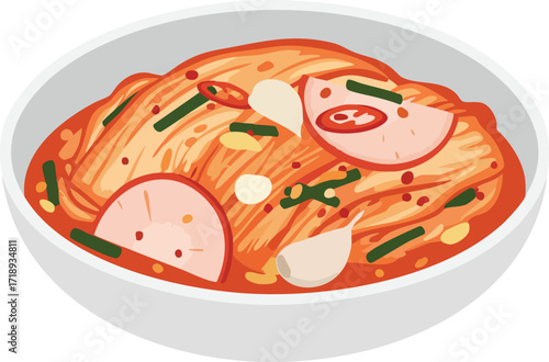 Bowl of vibrant kimchi, featuring sliced vegetables, spices, and meat.