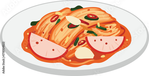 A plate of kimchi, a traditional Korean side dish, with sliced radish and garlic.