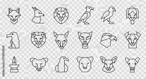 A diverse set of eighteen geometric line art animal illustrations, featuring heads and full bodies of various creatures like felines, canines, and birds of p...