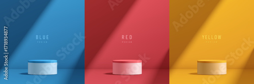 Set of yellow, blue and red 3D product podium with light, Empty space background. Abstract composition in minimalist design. Studio display showroom pedestal, Fashion stage showcase mockup wall scene.