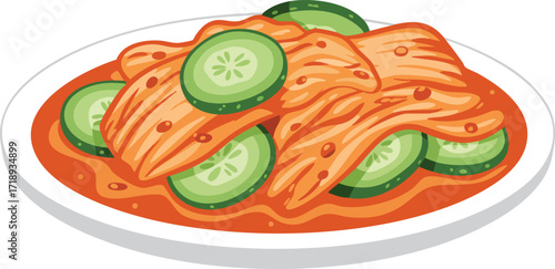 A cartoon illustration of a plate of spicy Korean kimchi mixed with fresh cucumber slices.