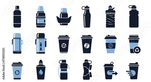 A collection of illustrated reusable water bottles and coffee cups in various shapes and designs, presented in a grid format on a white background.