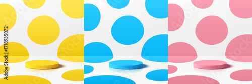 Set of yellow, blue, red and white 3D product podium with polka dots background. Abstract composition in minimalist design. Studio display showroom pedestal, Fashion stage showcase mockup wall scene.