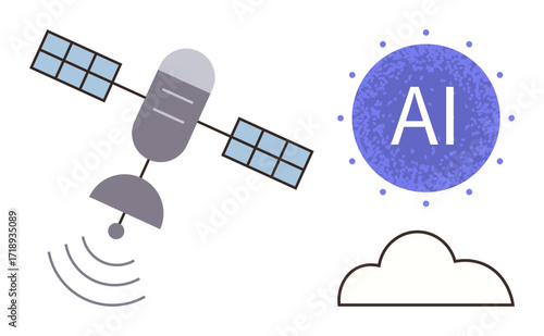 Satellite antenna emitting signals toward AI cloud symbolizing artificial intelligence, network, and data exchange. Ideal for communication, AI, technology, innovation, networking, research global
