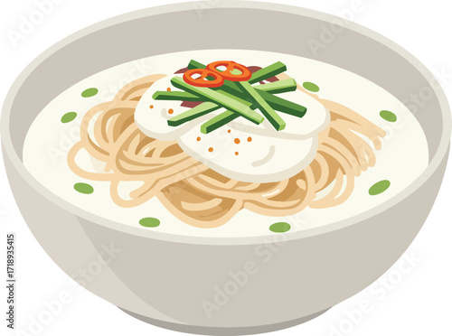 A vector illustration of a bowl of Korean cold soy milk noodle soup, Kong-guksu, garnished with cucumber and chili.