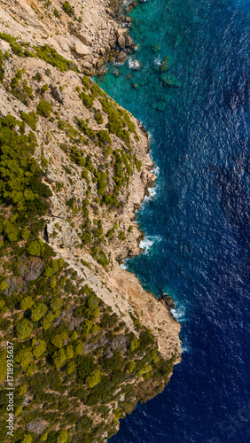 Aerial view of steep rocky cliff with green vegetation meeting turquoise shallow water and deep blue sea along dramatic coastal landscape
