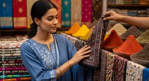 Vibrant Indian Market: Woman Exploring Traditional Fabrics and Spices