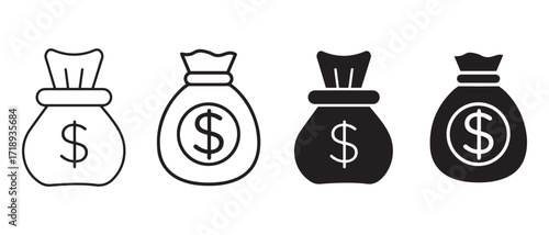 Money bag icon set. isolated on white background, outline and glyph style.