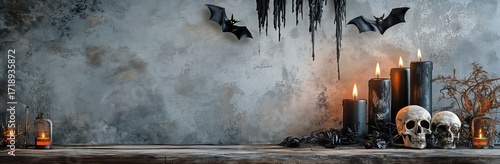 Halloween Decorations With Candles, Skulls, and Bats Creating a Spooky Atmosp...