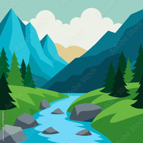 A tranquil mountain stream amidst lush greenery and rocks vector landscape background.