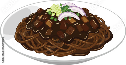 A plate of jjajangmyeon, a popular Korean noodle dish, is shown in detail.