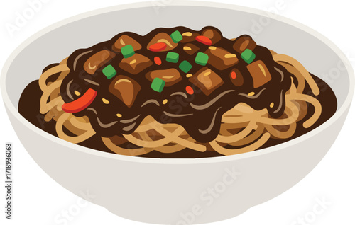 A white bowl of Asian noodles with a savory black bean sauce, diced meat, and green onions, presented as a vector illustration.