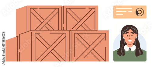 Stack of wooden crates representing logistics and storage, with an employee smiling next to a profile card. Ideal for warehousing, supply chain, inventory, logistics, shipping, operations, human