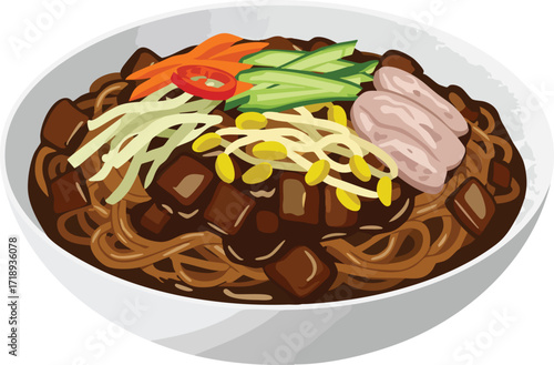 A delicious bowl of Jajangmyeon, a popular Korean noodle dish with a rich black bean sauce and fresh vegetable toppings.