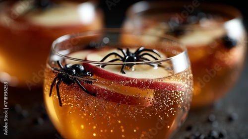 Festive Halloween apple cider drink with floating black spider decorations, ideal for spooky-themed party celebrations and autumn gatherings.