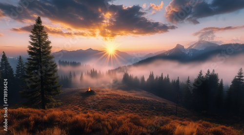 Sunrise Over Misty Mountains With a Campfire Glowing in the Foreground