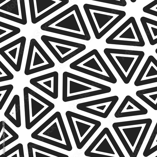 Pattern of triangle shapes. Rounded solid shapes in frames. Big triangles size. Black and white style. Repeatable pattern. Amazing vector tiles. Seamless vector illustration.