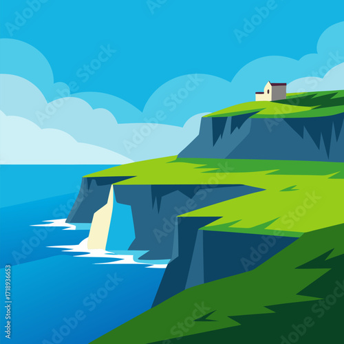 Rugged rocky shoreline green grassy headland blue ocean waves small stone building clear blue sky vector landscape background.