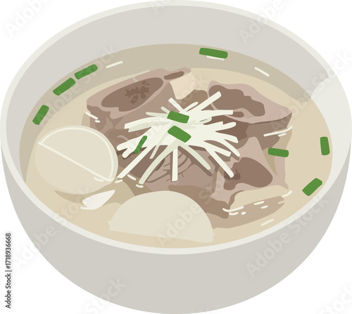 Korean Seolleongtang soup with beef bones and radish in a white bowl.