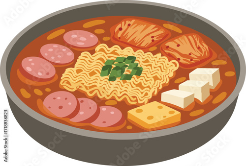 A delicious and hearty bowl of Korean Budae Jjigae, also known as Army Stew, featuring instant noodles, kimchi, sausage, tofu, and cheese.