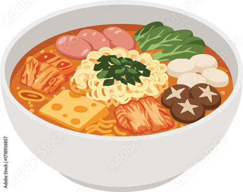 A vibrant illustration of Korean Budae Jjigae, or Army Stew, featuring ramen noodles, kimchi, sausage, cheese, mushrooms, and greens in a rich, spicy broth.
