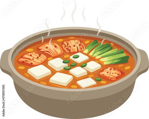 Kimchi jjigae in a hot pot with tofu and vegetables.