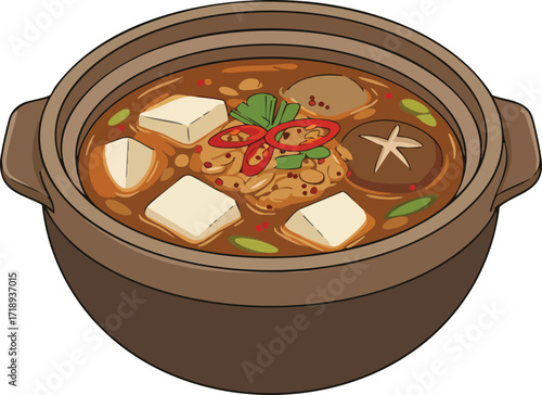 A vector illustration of a traditional Korean soybean paste stew, Doenjang Jjigae, served hot in an earthenware pot with tofu and mushrooms.